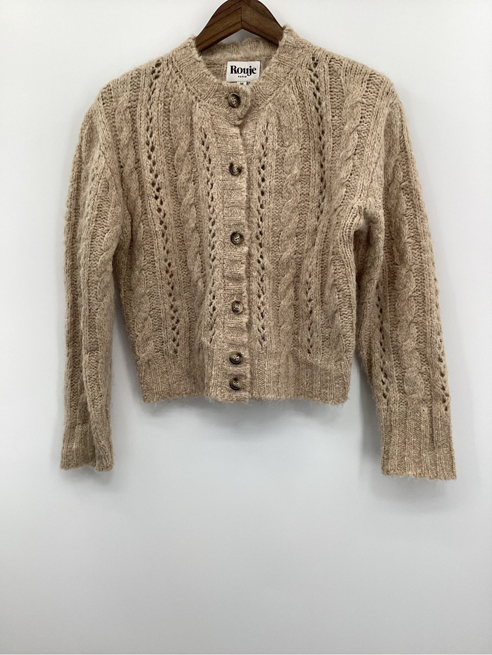 Rouje Neutral Beige Cable Cardigan with Buttons